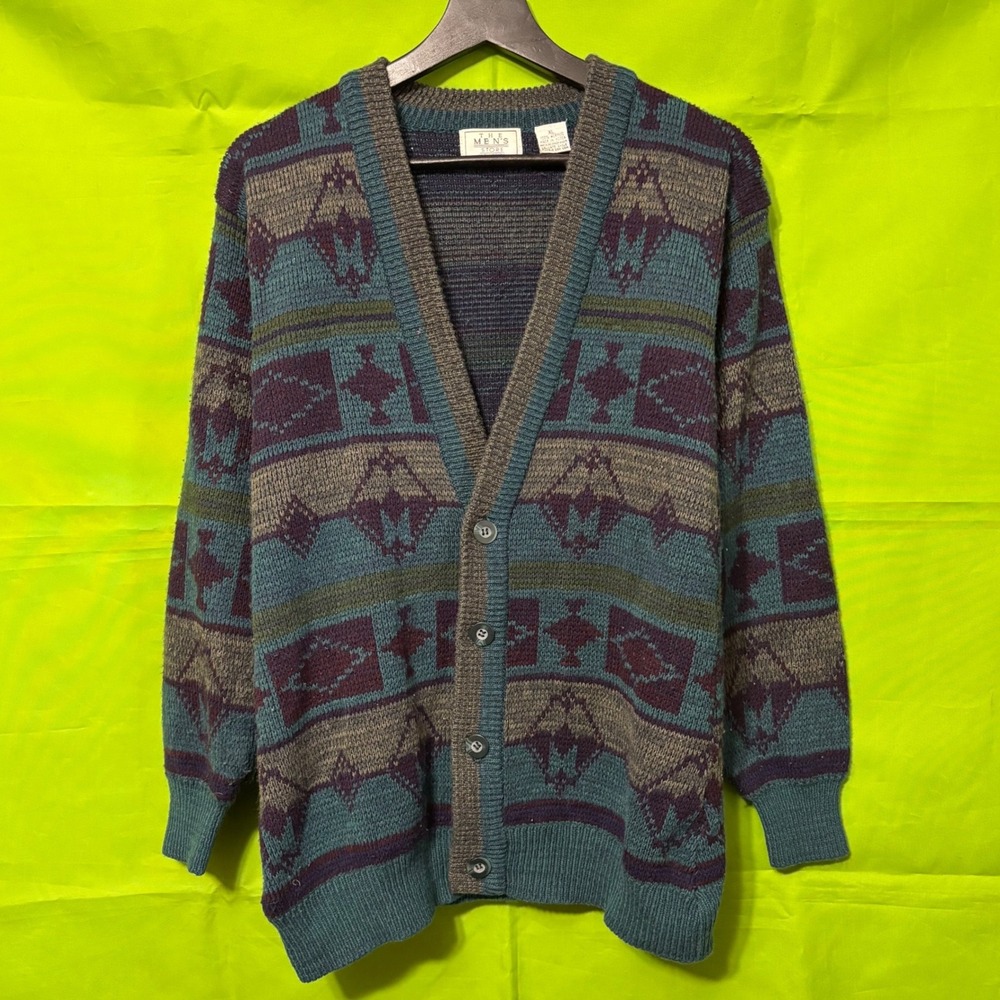 Small Vintage The Mens Store Sears Geometric Southwestern Cardigan Sweater Teal